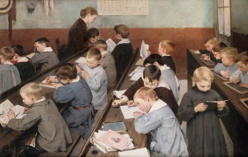 En classe, le travail des petits. Peinture de Henri Geoffroy