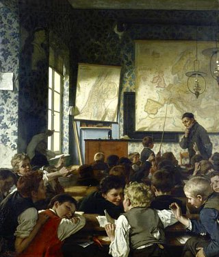 Classe pendant une leçon de géographie. Peinture de Carl Hertel (1874)