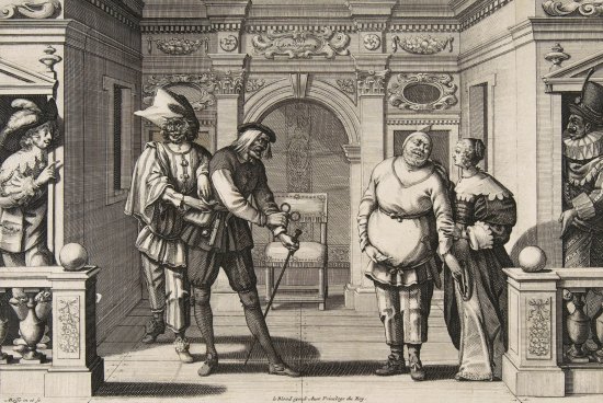 Les farceurs à l'Hôtel de Bourgogne, par Abraham Bosse (1634)