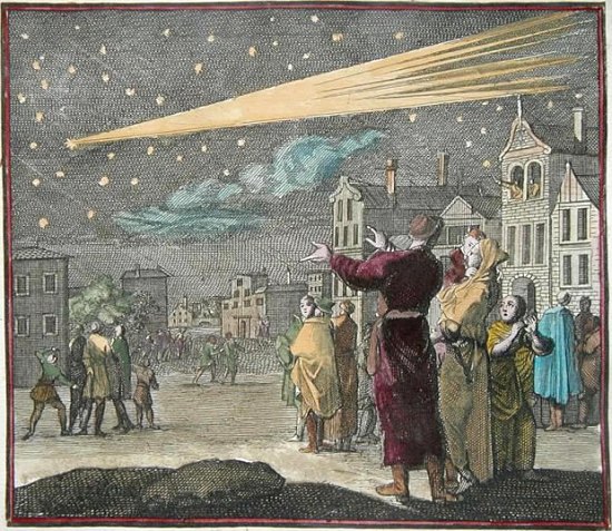 Gravure allemande de 1707 représentant la comète de 1680 (appelée comète de Kirch, ou Grande Comète de 1680)