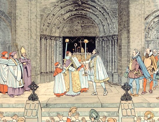 Henri IV devient catholique, à Saint-Denis, le 25 juillet 1593. Illustration de Job (Jacques Onfroy de Bréville) parue dans Le Bon Roy Henry de A. Hermant (1900)