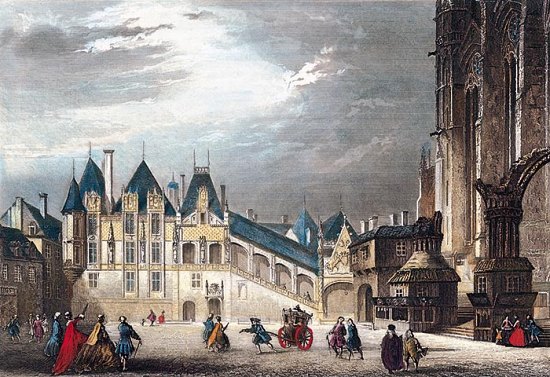 Ancien palais de la Cour des Comptes, brûlé en 1871 par la Commune. Gravure des frères Rouargue (1836)