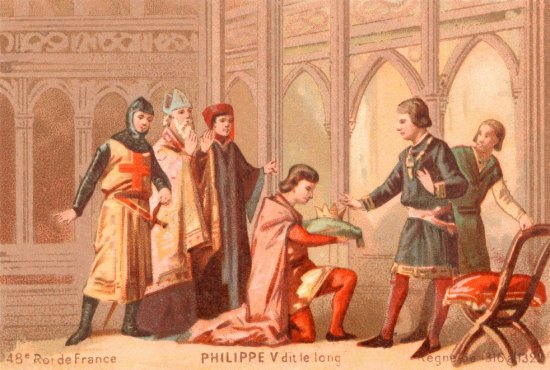 Philippe V reçoit la couronne de France. Chromolithographie de 1890