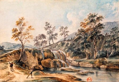 Vue d'une chute d'eau de la rivière de Couzance, en Franche-Comté. Dessin de Lallemand.