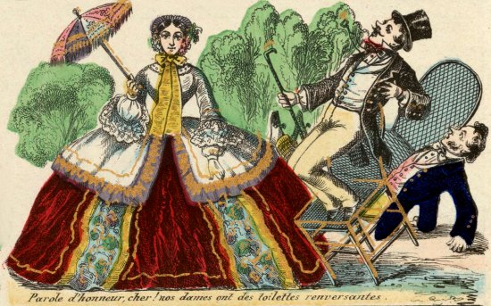 La crinoline caricaturée : « Parole d'honneur, cher ! Nos dames ont des toilettes renversantes »