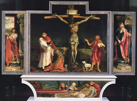 Partie du Retable d'Issenheim (réalisé entre 1512 et 1516) montrant la Crucifixion du Christ