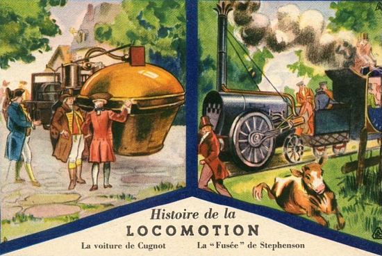 Histoire de la locomotion : le Fardier de Cugnot et la Fusée de Stephenson. Chromolithographie du XXe siècle