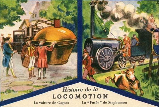 Histoire de la locomotion : le Fardier de Cugnot et la FusÃ©e de Stephenson. Chromolithographie du XXe siÃ¨cle