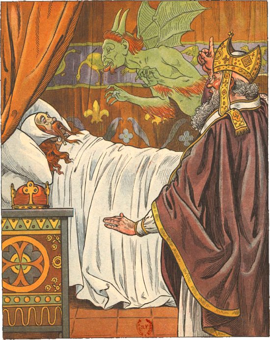 Le roi Dagobert, le Diable et saint Éloi. Illustration de Job (pseudonyme de Jacques Onfroy de Bréville) publiée dans Les héros comiques d'Émile Faguet (1847-1916)