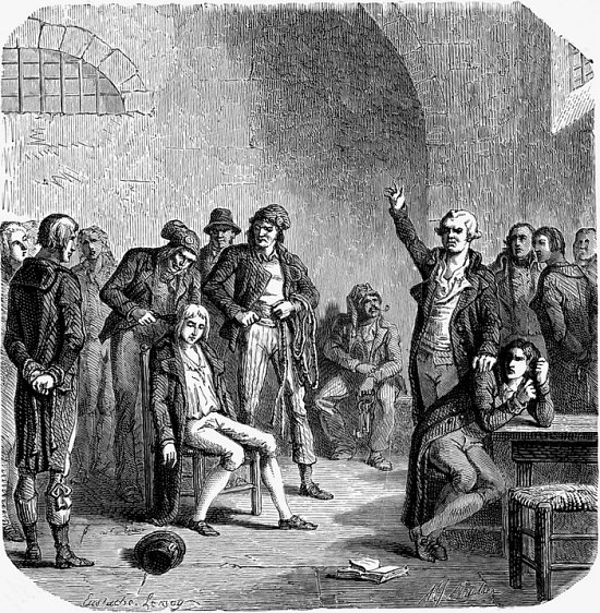 Georges-Jacques Danton parlant aux autres prisonniers de la Conciergerie, le matin du jour de son exécution. Gravure de 1850