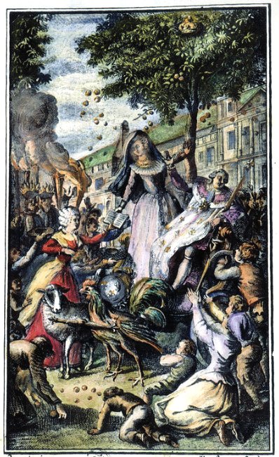 Olympe de Gouges présentant sa Déclaration à Marie-Antoinette et Louis XVI. Caricature d'époque