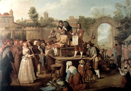 Dentiste du XVIIIe siècle opérant sur une place de village, par Peter Angillis
