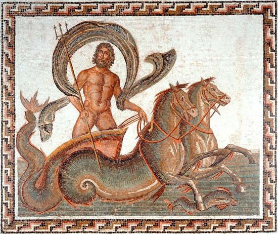 Triomphe de Neptune avec deux hippocampes. Mosaïque romaine de la première moitié du IIIe siècle