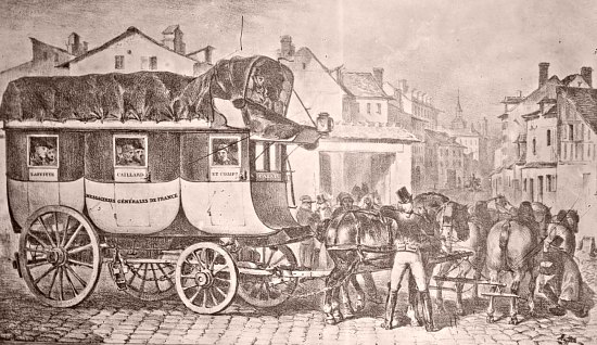 Diligence Lafitte & Caillard. Ce modèle, créé par les Messageries générales de France fondées en 1826, sillonnera la France avant d'être supplanté par le chemin de fer