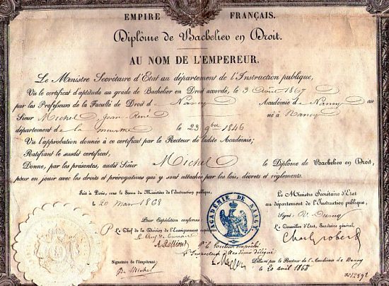 Diplôme de bachelier en droit de 1868