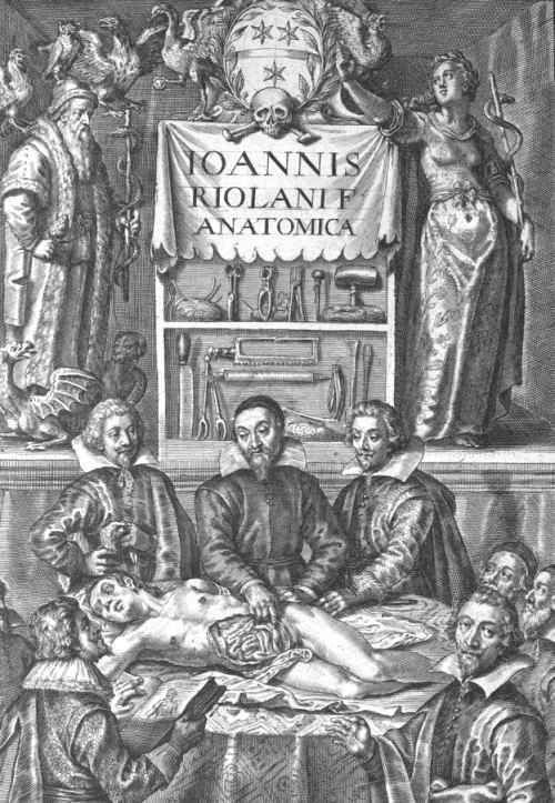 Une dissection pratiquée au début du XVIIe siècle. Gravure extraite de Anthropographia et osteologia par Jean Riolan (1626)