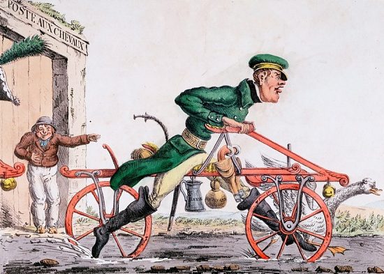 Caricature de 1818 : draisienne remplaçant les chevaux pour le service d'acheminement du courrier