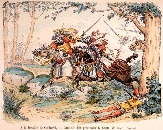 À la bataille de Cocherel, Du Guesclin fait prisonnier le captal de Buch. Lithographie couleur parue dans Histoire de Bertrand Du Gusclin de Théodore Cahu (1900), d'après le dessin de Paul de Sémant