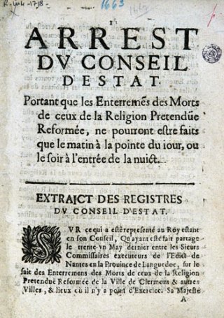 Arrêt du Conseil d'Etat de 1562 imposant l'enterrement de nuit aux protestants