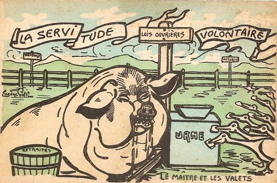 Les élections. La servitude volontaire. Carte satirique du début du XXe siècle d'Eugène Petit