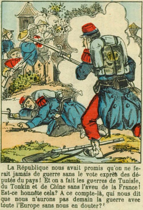 La guerre. Image d'Épinal de la série Le Bulletin de Vote du père François parue dans le Supplément du Figaro du 30 mars 1889