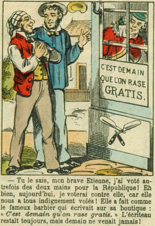 Promesses électorales. Image d'Épinal de la série Le Bulletin de Vote du père François parue dans le Supplément du Figaro du 30 mars 1889