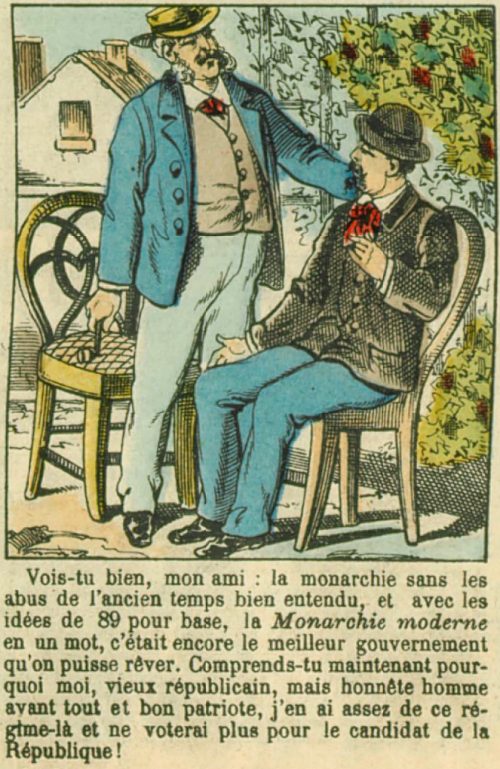 Le vote. Image d'Épinal de la série Le Bulletin de Vote du père François parue dans le Supplément du Figaro du 30 mars 1889