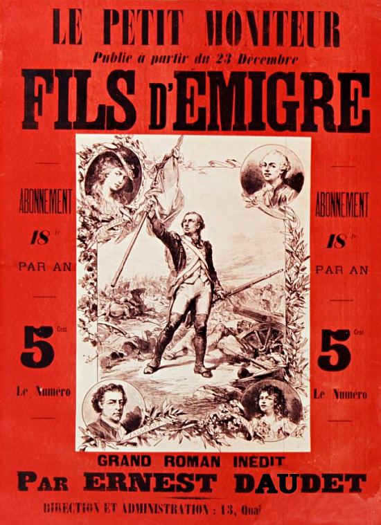 Affiche de 1890 annonçant la parution au sein du Petit Moniteur de Fils d'Émigré, roman inédit d'Ernest Daudet