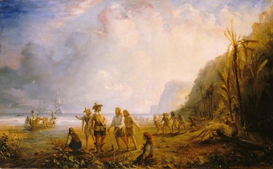 Occupation de la Martinique par le chevalier d'Esnambuc en 1635. Peinture de Théodore Gudin (1802-1880)