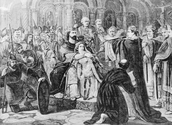 Le cardinal de Capoue excommunie Philippe II au nom du pape Innocent III et jette l'anathème sur la France en 1200. Gravure extraite de L'Univers Illustré du 22 janvier 1859