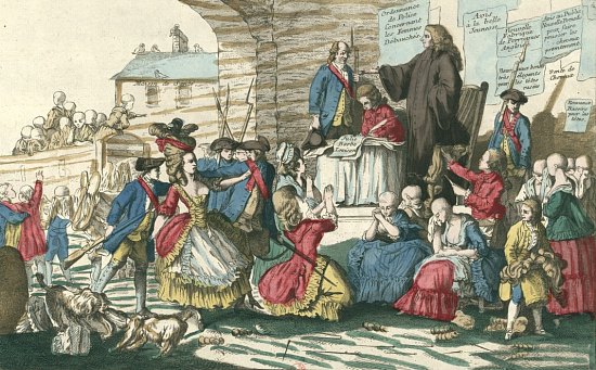 La désolation des filles de joie suite à l'ordonnance du 6 novembre 1778. Estampe de Jean-Baptiste Huet