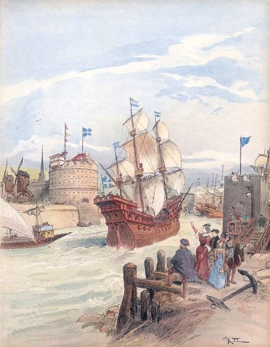 Flotte de François Ier au Havre en 1540. Lithographie couleur d'après une illustration de 1909 d'Albert Robida