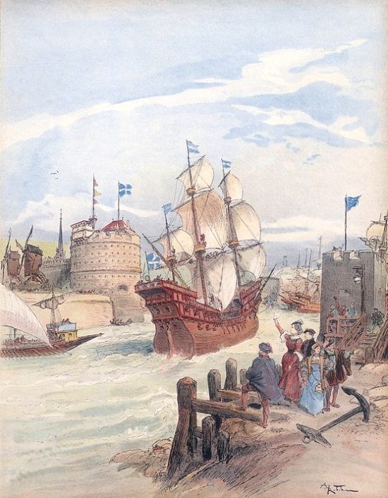 Flotte de François Ier au Havre en 1540. Lithographie couleur d'après une illustration de 1909 d'Albert Robida