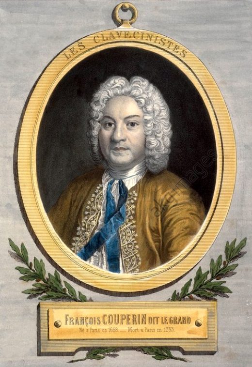 François Couperin le Grand. Lithographie (colorisée) d'Alfred Lemoine — d'après l'estampe de 1735 d'André Bouys (1656-1740) gravée par Jean Charles Flipart (1684-1751) — parue dans Les clavecinistes de 1637 à 1790 : histoire du clavecin, portraits et biographies des célèbres clavecinistes par Amédée Méreaux (1867)