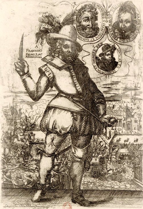 Portrait de Ravaillac avec trois médaillons représentant Henri IV, Marie de Médicis et Louis XIII. Gravure réalisée par Christoffel Van Sichem