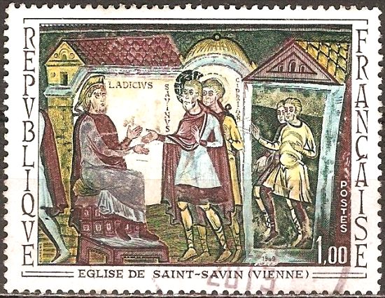 Fresque de l'abbaye de Saint-Savin : saint Savin et saint Cyprien devant le juge Ladicius. Timbre-poste émis en 1969