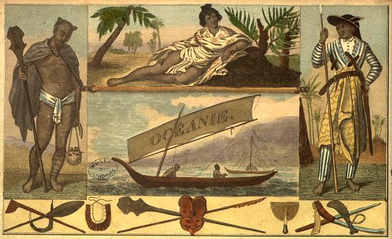 Frontispice de Illustrations de L'Océanie en estampes ou Description géographique et historique de toutes les îles du Grand Océan et du continent de la Nouvelle Hollande, Notasie, Polynésie, Australie, par Jules et Édouard Verreaux (1832)