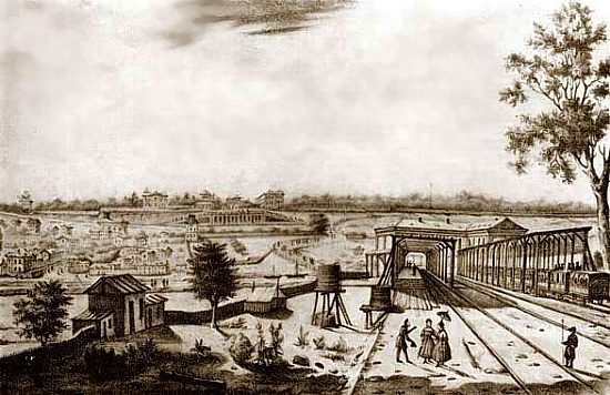 La première gare du Pecq. Lithographie 1837