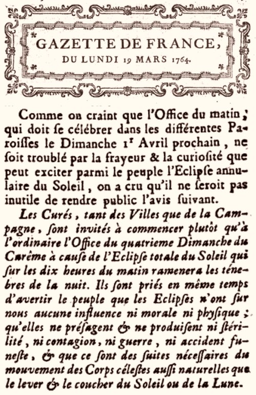 Extrait de la Gazette de France du 19 mars 1764
