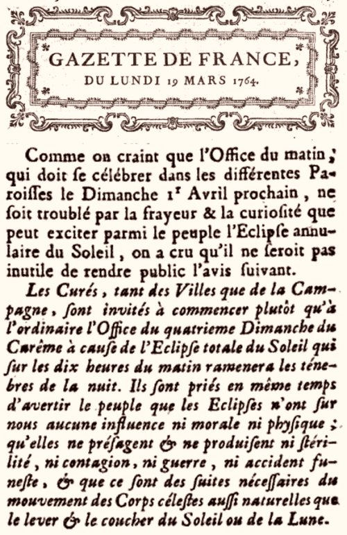 1er avril 1764: une éclipse de soleil Gazette-Eclipse