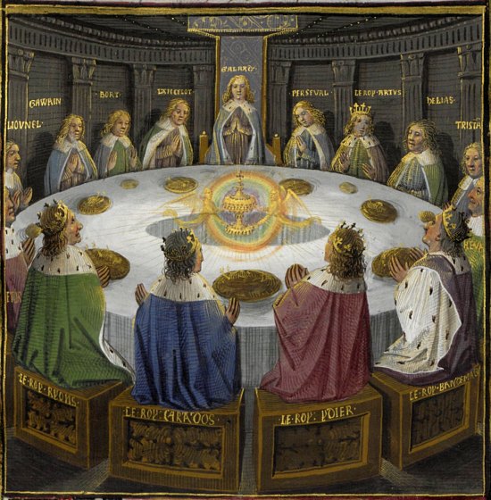 Apparition du Graal aux chevaliers de la Table-Ronde. Enluminure du manuscrit Lancelot-Graal (1475)