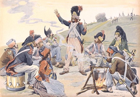 Un soldat raconte à ses compagnons et à la cantinière ses souvenirs du soulèvement royaliste de Vendée en 1793. Illustration de Jacques Onfroy de Bréville (1858-1931) parue dans La Cantinière (1898) de Georges Montorgueil