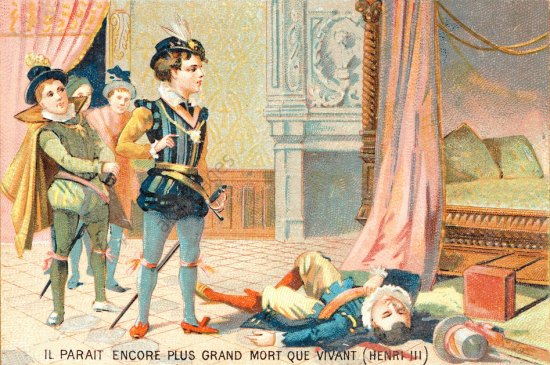 Il paraît encore plus grand mort que vivant : mots prêtés au roi Henri III lors de l'assassinat du duc de Guise à Blois, le 23 décembre 1588). Lithographie réalisée vers 1900, publiée dans la série des Citations mises en scène pour les enfants