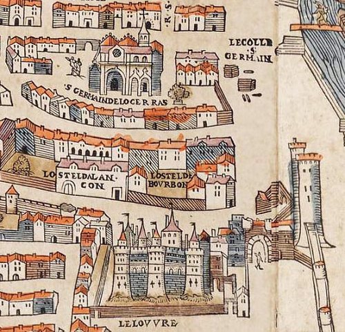 Emplacements de l'Hôtel du Petit-Bourbon et du Louvre sur un plan de Paris de 1550