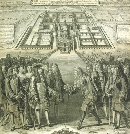 Louis XIV, accompagné de sa Cour, visite l'Hôtel des Invalides et sa nouvelle église. Détail d'une estampe de 1707