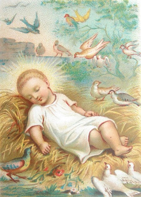 L'enfant Jésus dans la crèche. Chromolithographie de la fin du XIXe siècle
