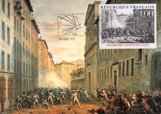 La journée des Tuiles (peinture d'Alexandre Debelle (1805–1897)) et timbre commémorant l'événement, émis le 20 juin 1988 dans la série Bicentenaire de la Révolution française