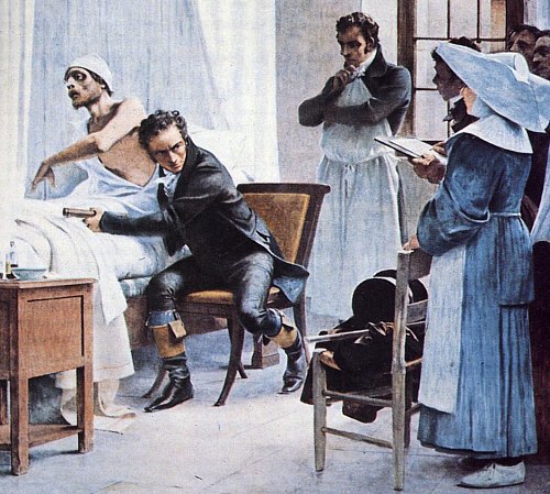 Laennec à l'hôpital Necker ausculte un phtisique devant ses élèves