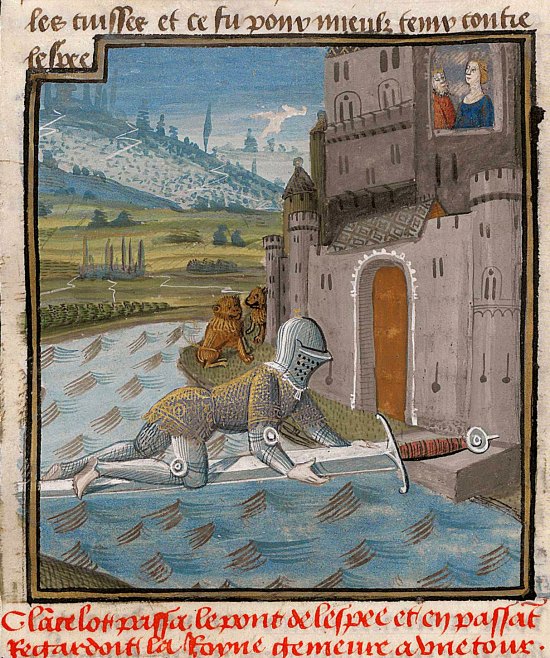 Lancelot passant le pont de l'Épée pour délivrer la reine Guenièvre. Enluminure du manuscrit Lancelot-Graal (1475)