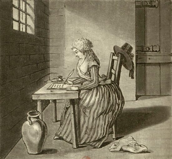 Charlotte Corday écrivant sa dernière lettre à son père. Estampe de 1793